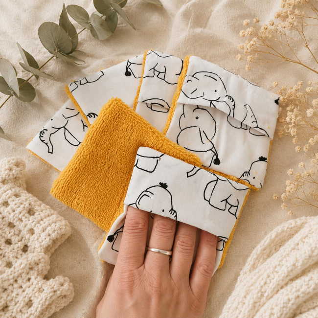 Lingette démaquillante lavable avec poche pour la main en fibre de bambou moutarde