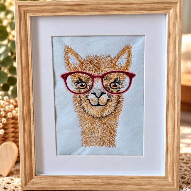Cadre lama brodé en bois clair pour une décoration originale