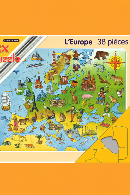 Puzzle éducatif enfant – Carte illustrée de l’Europe avec animaux et monuments – 38 pièces