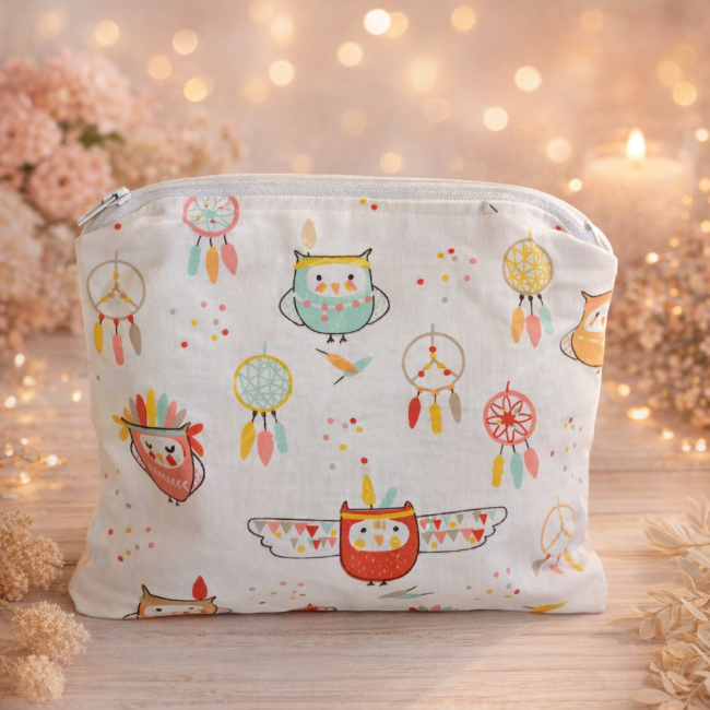 Trousse bohème hiboux avec décor fleurs et lumière chaleureuse