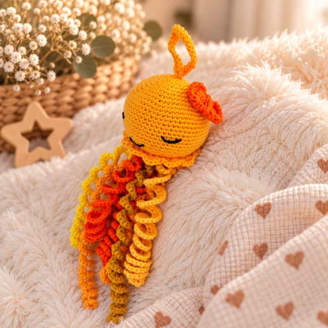 Pieuvre artisanale au crochet vue de profil avec tentacules en spirales colorées