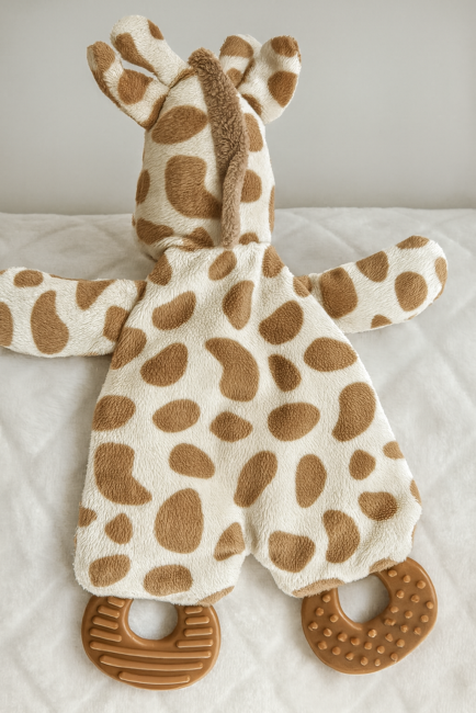 Jouet girafe seconde main vu de dos avec anneaux de dentition texturés, posé sur fond matelassé blanc