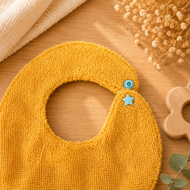 Gros plan de la fermeture pression étoile du bavoir artisanal bébé en fibre de bambou