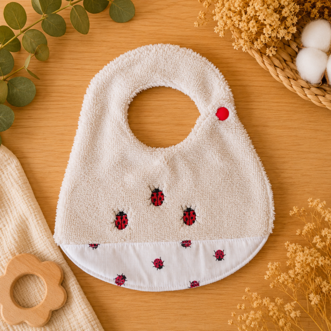 Bavoir bébé T2 en fibre de bambou écrue avec coccinelles brodées et bouton pression rouge