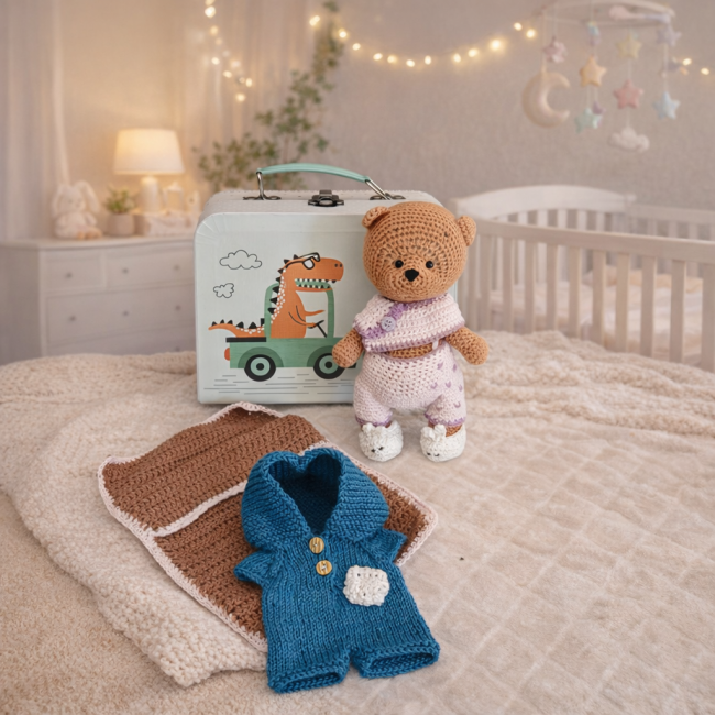 Salopette crochetée en coton pour doudou Doudou ourson crocheté avec tenue rose et violet en coton