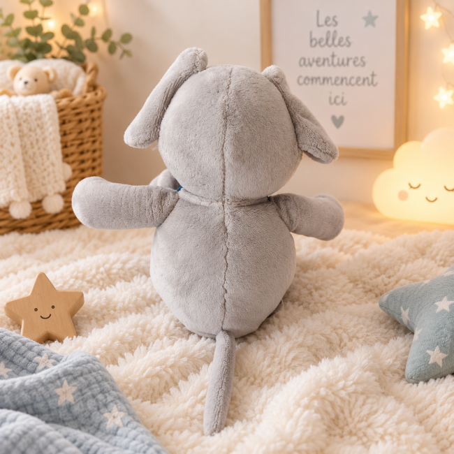 Doudou peluche gris de 28 cm environ vue arrière avec coutures