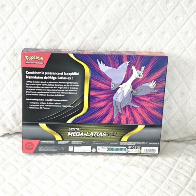 Dos du coffret Pokémon Méga-Latias-ex avec illustration de Méga-Latias et contenu détaillé en français
