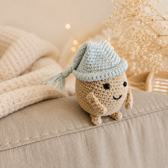 Monsieur Patate crochet artisanal – Duo bonnet blanc et bleu | Bouille de Laine Petit personnage Mr Patate au crochet fait main dans une ambiance cocooning
