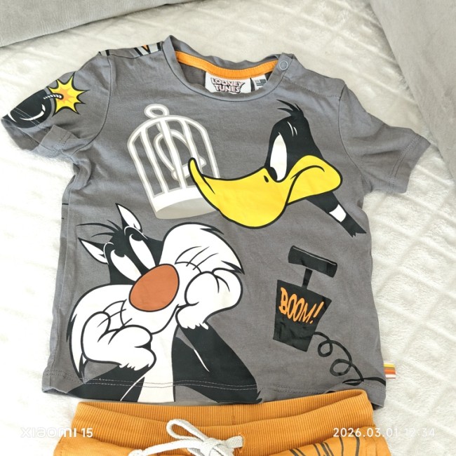 - ‑shirt gris Looney Tunes bébé 9‑12 mois avec Daffy Duck et Sylvestre - TITLE : t‑shirt Looney Tunes gris 9‑12 mois Daffy Duck et Sylvestre 📸 Photo 3 – Ensemble t‑shirt gris + short orange (variante) - ALT : ensemble bébé Looney Tunes seconde main t‑shir