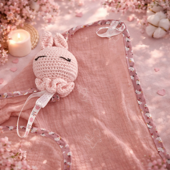 Petit lapin crocheté rose posé sur un lange rose brodé d’un lapin, entouré de pétales et d’une ambiance chaleureuse.
