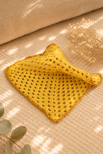 Doudou jaune au crochet ajouré avec texture artisanale dans une ambiance naturelle et apaisante