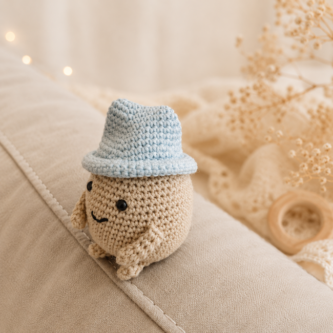 Mr Patate artisanal fait main décoration cocooning Mr Patate crochet artisanal posé dans une ambiance chaleureuse et naturelle