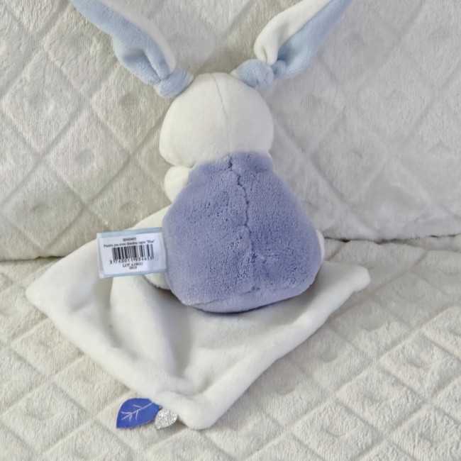 Doudou lapin blanc et violet avec carré 17x17 cm et feuilles décoratives – seconde main