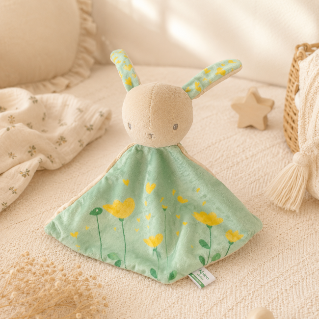 Doudou lapin Klorane Bébé seconde main dans une ambiance chambre de bébé Doudou lapin Klorane Bébé dans une chambre de bébé douce et chaleureuse