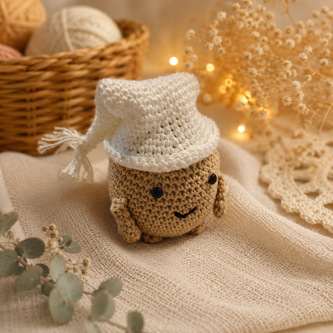 Monsieur Patate au crochet avec bonnet blanc – Création artisanale Bouille de Laine Monsieur Patate au crochet avec bonnet blanc dans une ambiance cocooning chaleureuse, création artisanale Bouille de Laine