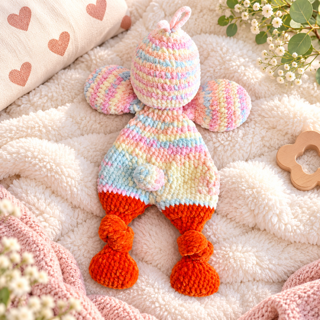 Doudou artisanal pastel au crochet vu de dos avec petite queue