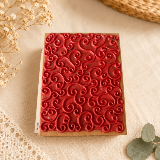 Côté caoutchouc rouge du tampon en bois Stampabilities Swirls & Curls