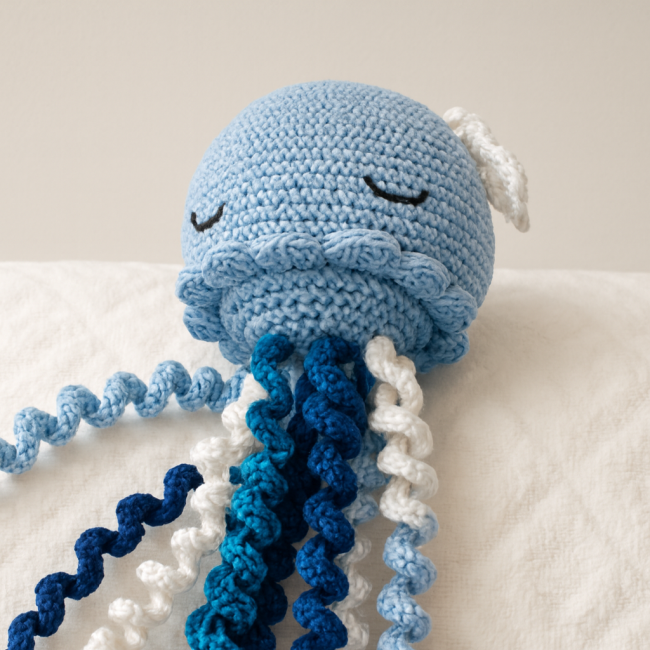 Peluche pieuvre crochetée en coton bleu avec tentacules en spirale bleu foncé, turquoise et blanc, visage souriant et nœud blanc décoratif, sur fond doux