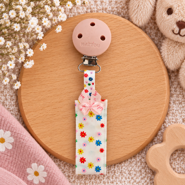 Attache sucette fleurie avec clip silicone rose reconditionné et nœud