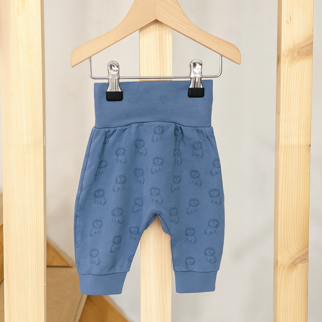 Pantalon bébé bleu à motifs lions suspendu sur cintre en bois