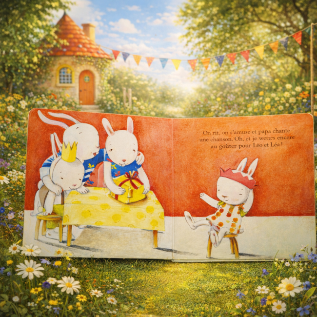 Lapins fêtant un anniversaire dans un livre jeunesse Léo et Lola, scène colorée en extérieur.