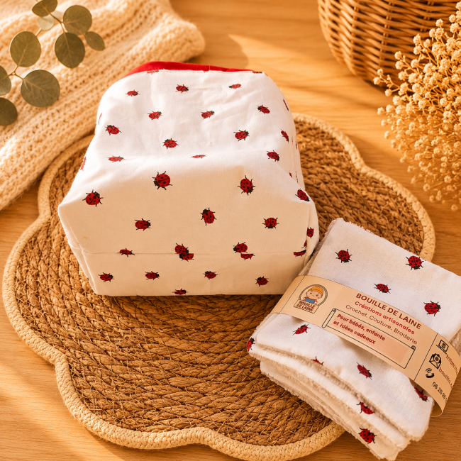 Dessous du pochon artisanal en coton motif coccinelles avec lingettes lavables