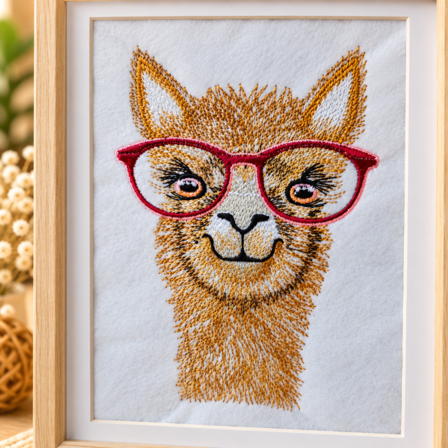 Détail du lama brodé avec fils Madeira et lunettes rouges personnalisables