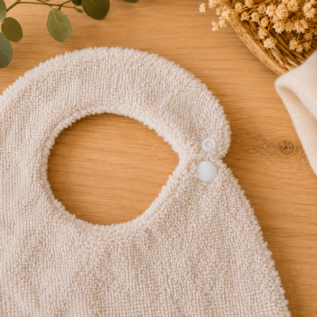 Gros plan sur le bouton pression blanc d'un bavoir bébé artisanal en fibre de bambou