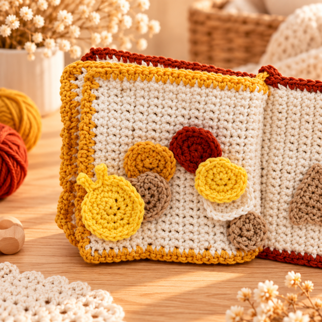 Livre sensoriel en crochet avec formes tactiles et chenille ludique Page crochetée avec cercles colorés et motif chenille jaune