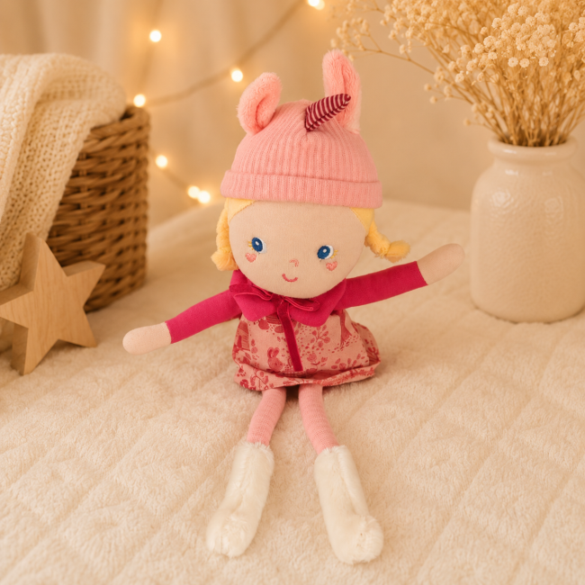 Poupée licorne Liliputiens rose cosy Poupée licorne Liliputiens rose de seconde main assise dans une ambiance douce et chaleureuse