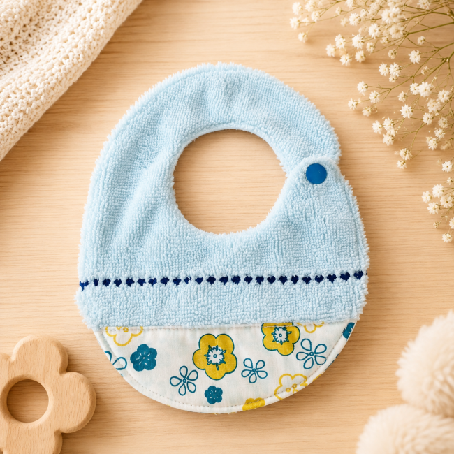 Bavoir artisanal bébé T1 0-4 mois en éponge bleu et coton fleuri jaune bleu