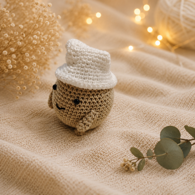 Monsieur Patate amigurumi au crochet – Décoration artisanale bébé Petit Monsieur Patate amigurumi fait main avec bonnet de nuit blanc sur fond beige chaleureux et décor naturel