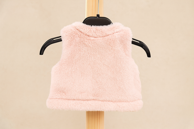 Dos du gilet bébé rose en fausse fourrure, suspendu sur cintre noir