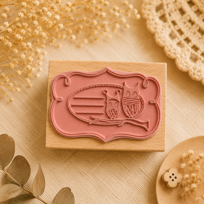 Tampon Florilèges Design avec caoutchouc rosé motif deux hiboux