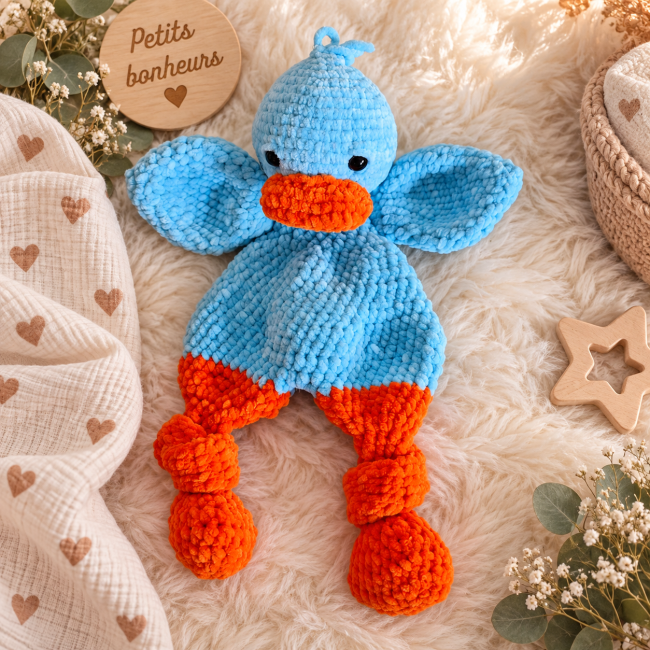Détail du doudou canard au crochet Détail du doudou canard au crochet en fil chenille bleu et orange
