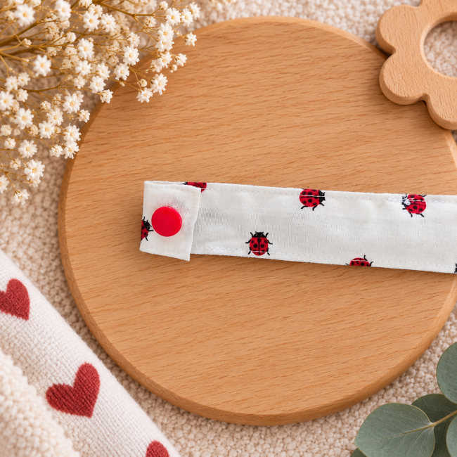 Détail du tissu blanc à coccinelles rouges et du ruban vichy