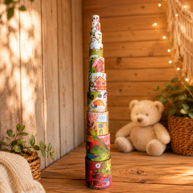Jeu de boîtes à empiler Janod multicolore empilées de 13 cm