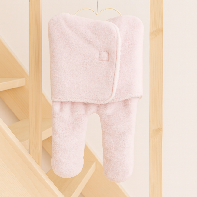 Combinaison rose bébé en polaire avec rabat frontal – vêtement chaud seconde main suspendu sur cintre