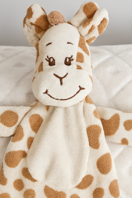 Jouet girafe seconde main avec visage brodé souriant, posé sur couverture blanche