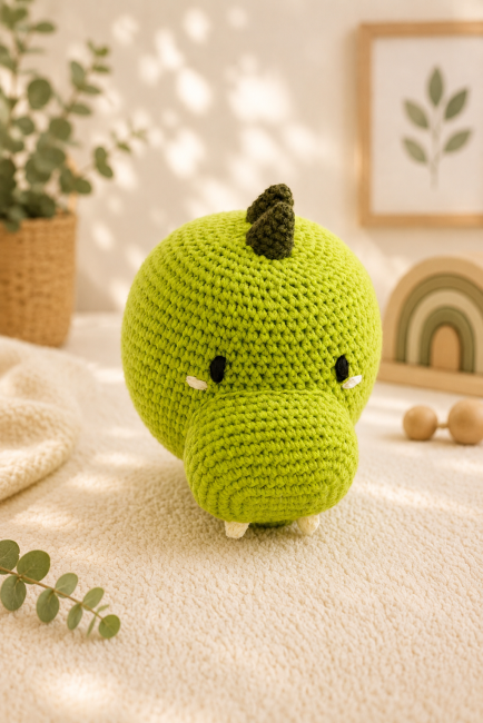 Tête de dinosaure au crochet vert fait main avec détails doux pour bébé