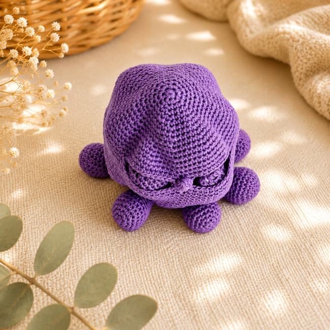Pieuvre crochet réversible – Création artisanale originale bébé Pieuvre réversible au crochet violet avec détails faits main sur fond chaleureux
