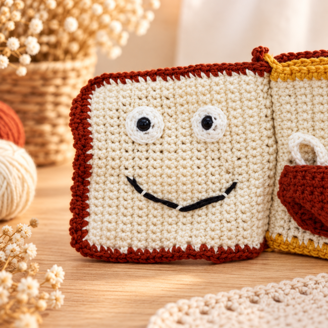 Livre d’éveil bébé au crochet – page visage Page de livre d’éveil bébé au crochet avec visage souriant, yeux brodés et texture douce