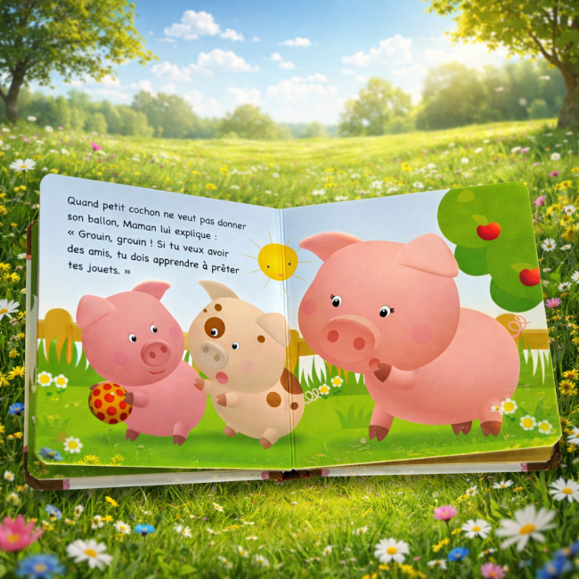 Livre Mon petit bébé Cochon ouvert, scène avec petits cochons et maman cochon dans un décor en plein air