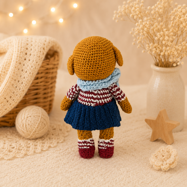 Dos d’un chien fait main au crochet avec tenue colorée et décoration cocooning