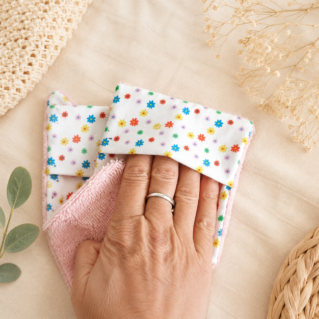 Lingette démaquillante lavable avec poche de maintien pour une meilleure prise en main - fait main Lingette démaquillante lavable avec poche pour la main en fibre de bambou rose