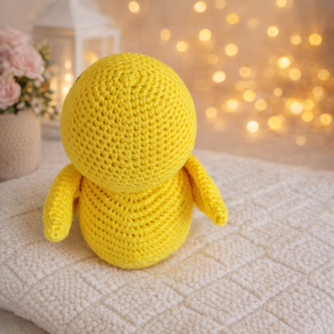 Canard vue de dos – ambiance douce et lumineuse Canard jaune vue de dos sur fond cosy avec lanterne et fleurs roses