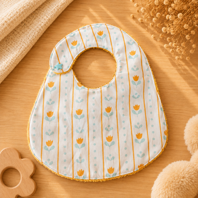 Dos du bavoir artisanal bébé en coton imprimé fleurs jaune moutarde et bleu