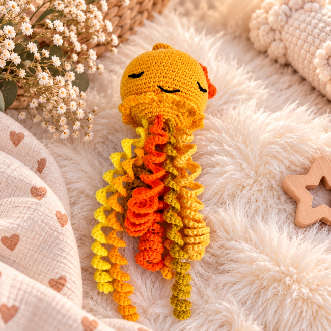 Détail de la tête jaune et orange d’une pieuvre artisanale au crochet