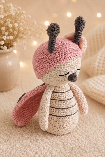 Jouet coccinelle au crochet fait main avec ailes roses et fleur décorative