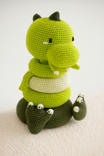  Jouet empilable dinosaure au crochet vu de face, avec ses anneaux et ses belles couleurs. 